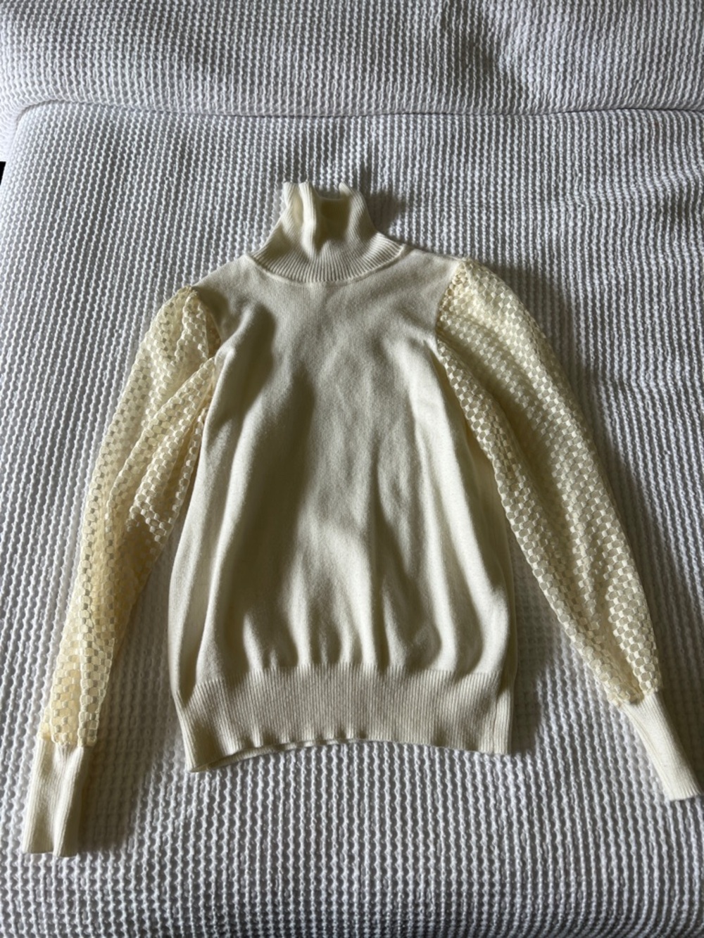 Marled Cream Turtleneck Sweater with Sheer Dot Puff Sleeves